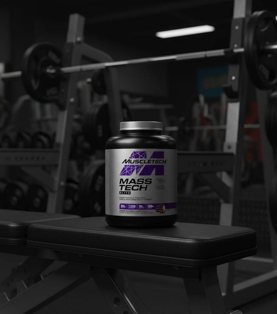 MuscleTech Mass Tech Elite supplement container on a white background