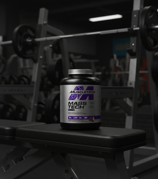MuscleTech Mass Tech Elite supplement container on a white background