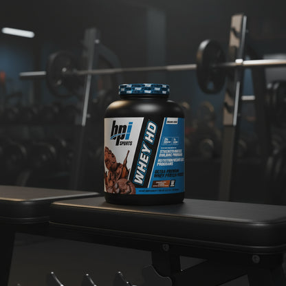 BPI Sports Whey HD protein powder container on a white background