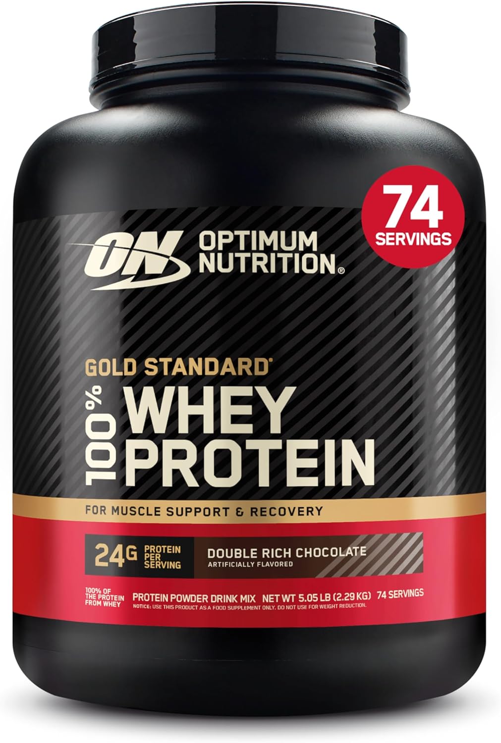 Optimum Nutrition Gold Standard 100% Whey Protein container on a white background