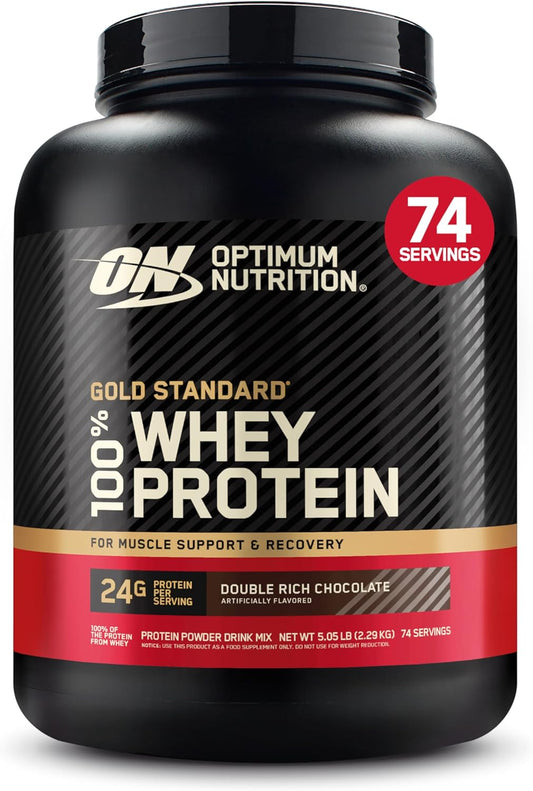 Optimum Nutrition Gold Standard 100% Whey Protein container on a white background